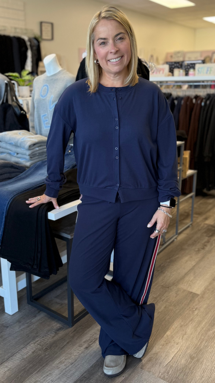 Navy Cardigan And Red Side Stripe Knit Pants Set