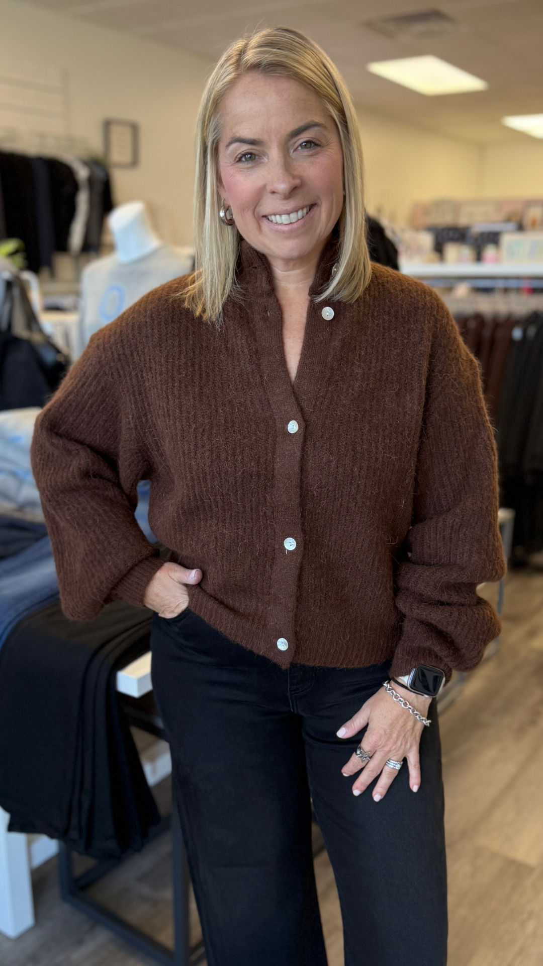 Brown Balloon Sleeve Soft Cardigan