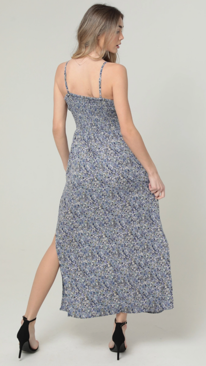 Blue Green V Neck Twist Front Cut Out Maxi Dress