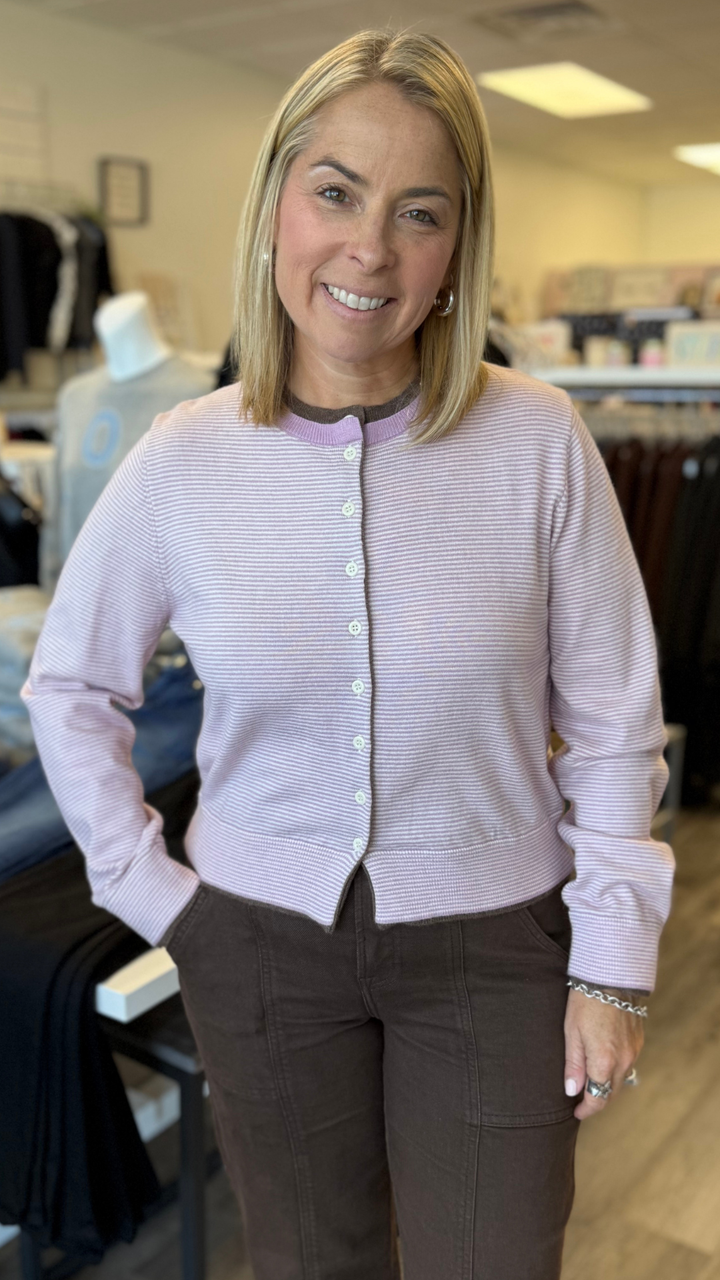 Pink And Brown Contrast Ribbing Cardigan