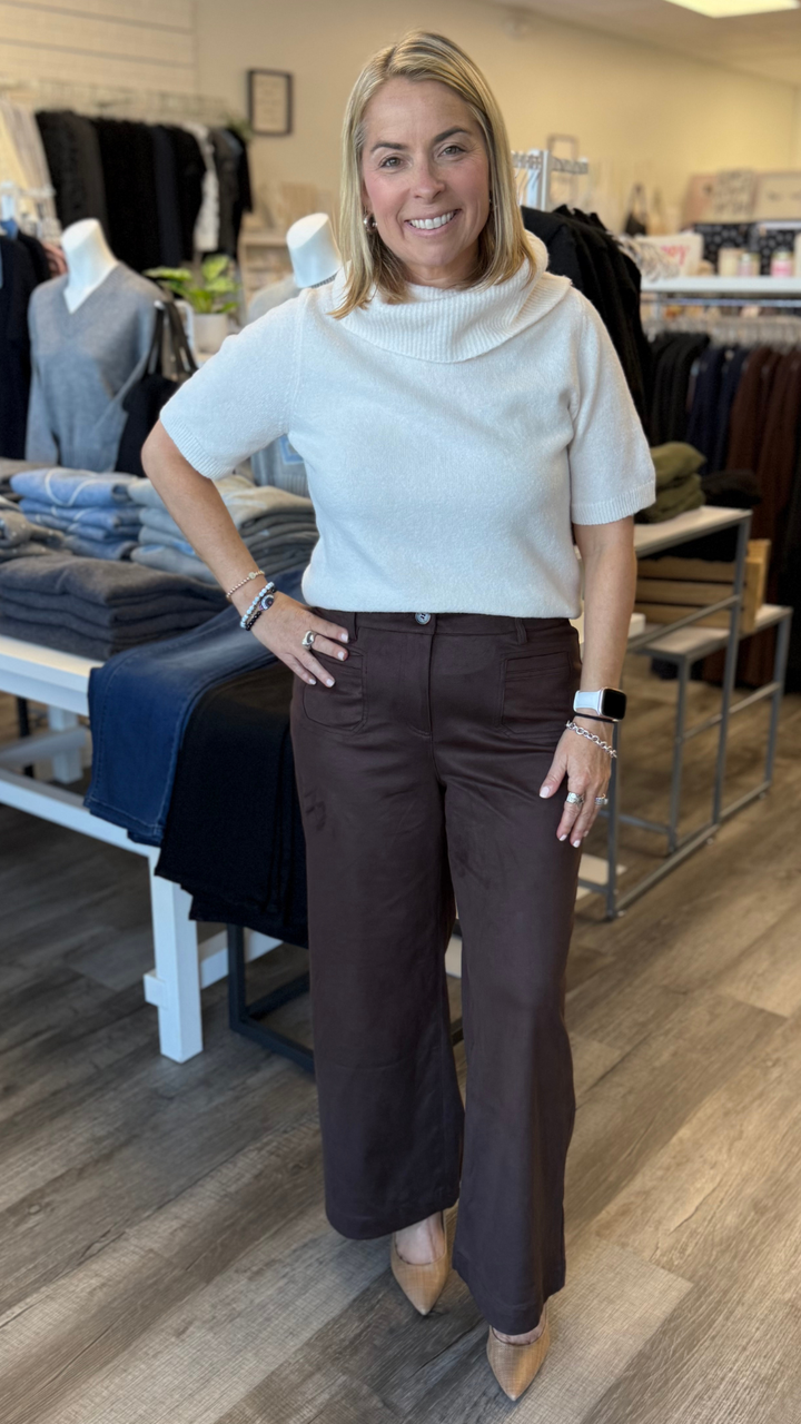 Coffee Faux Suede Cropped Wide Leg Pants
