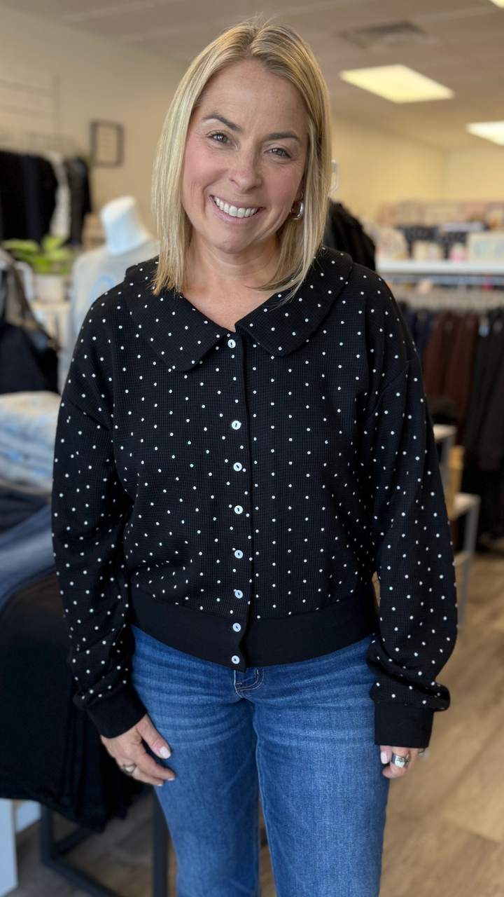 Black Waffle Knit Polka Dot Peter Pan Collar Cardigan