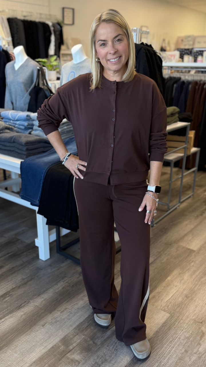 Chocolate Cardigan And Cream Side Stripe Knit Pants Set