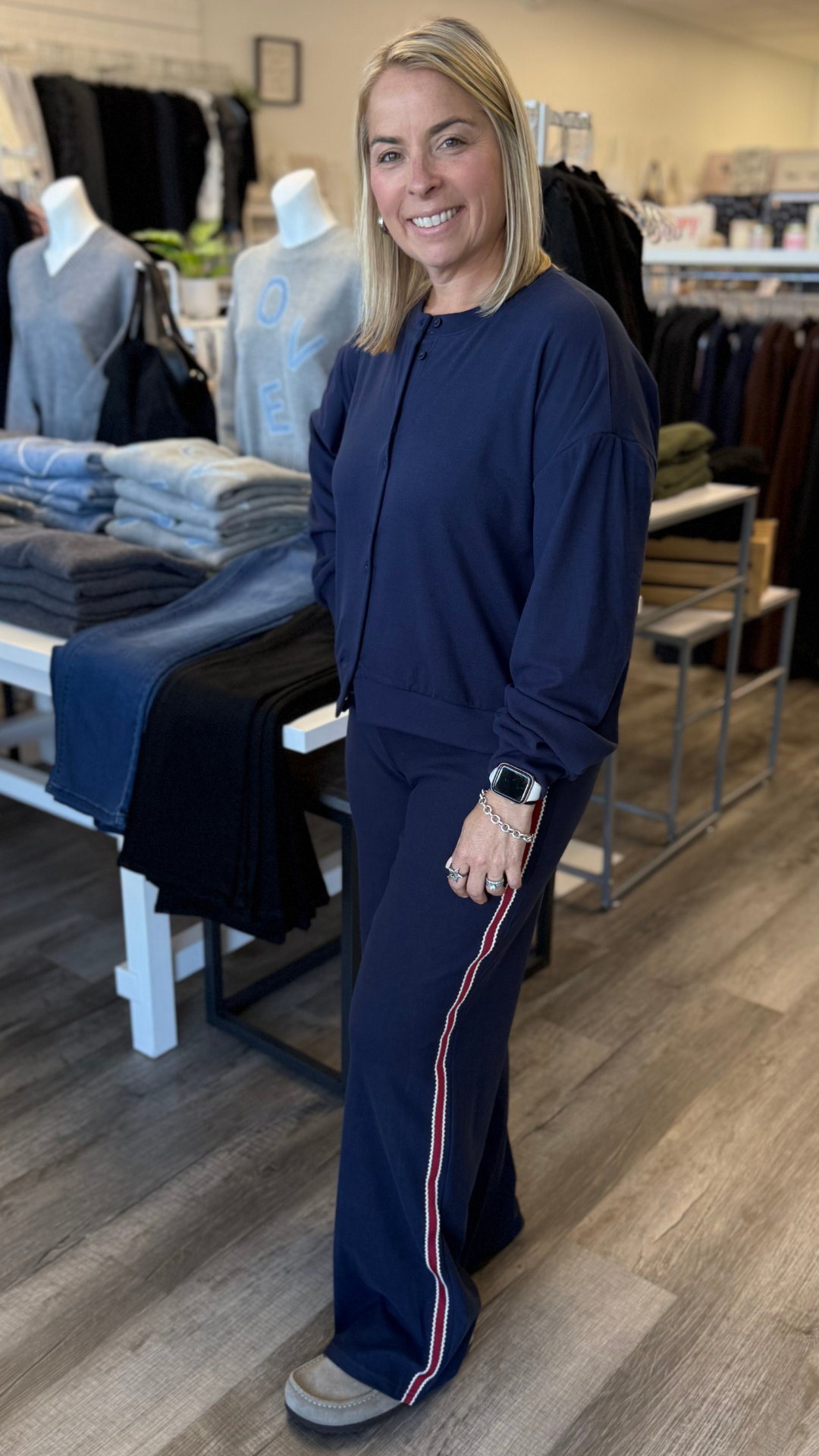 Navy Cardigan And Red Side Stripe Knit Pants Set