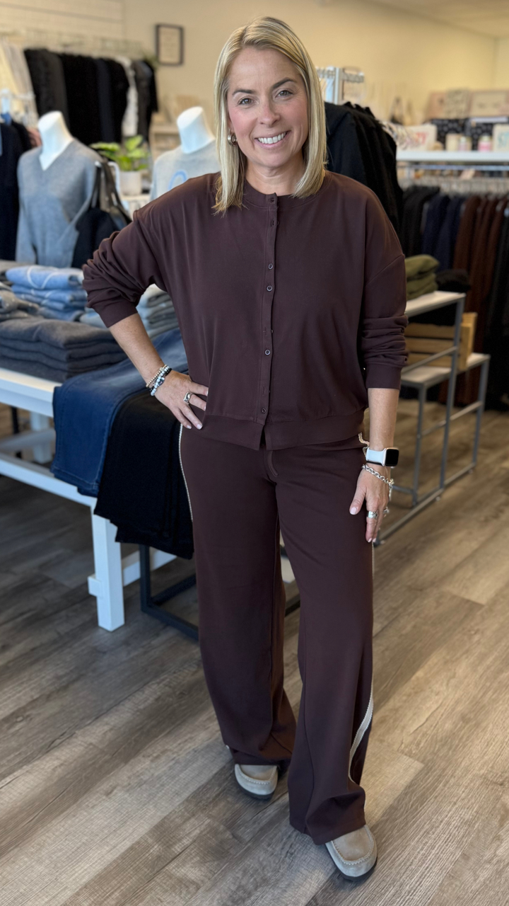 Chocolate Cardigan And Cream Side Stripe Knit Pants Set