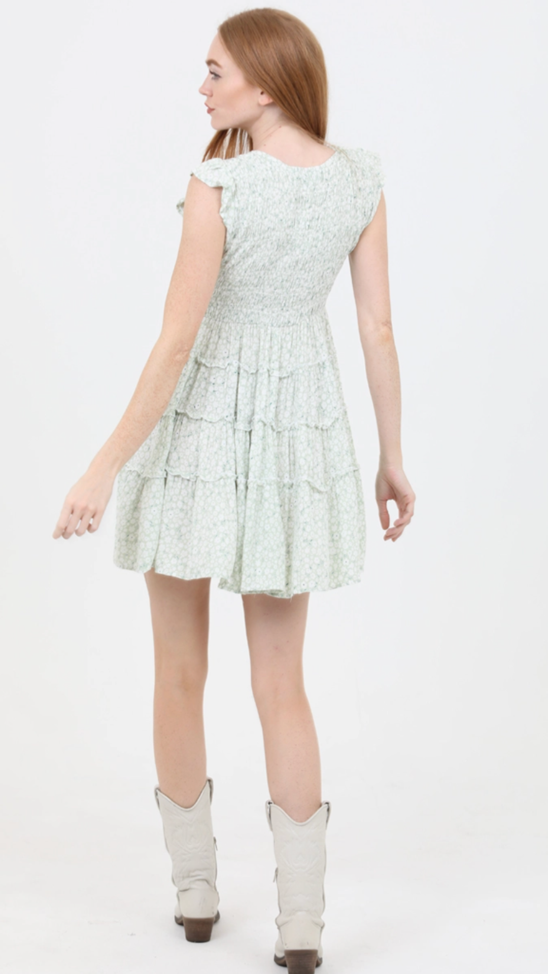 Sage Smocked V Neck Tiered Dress