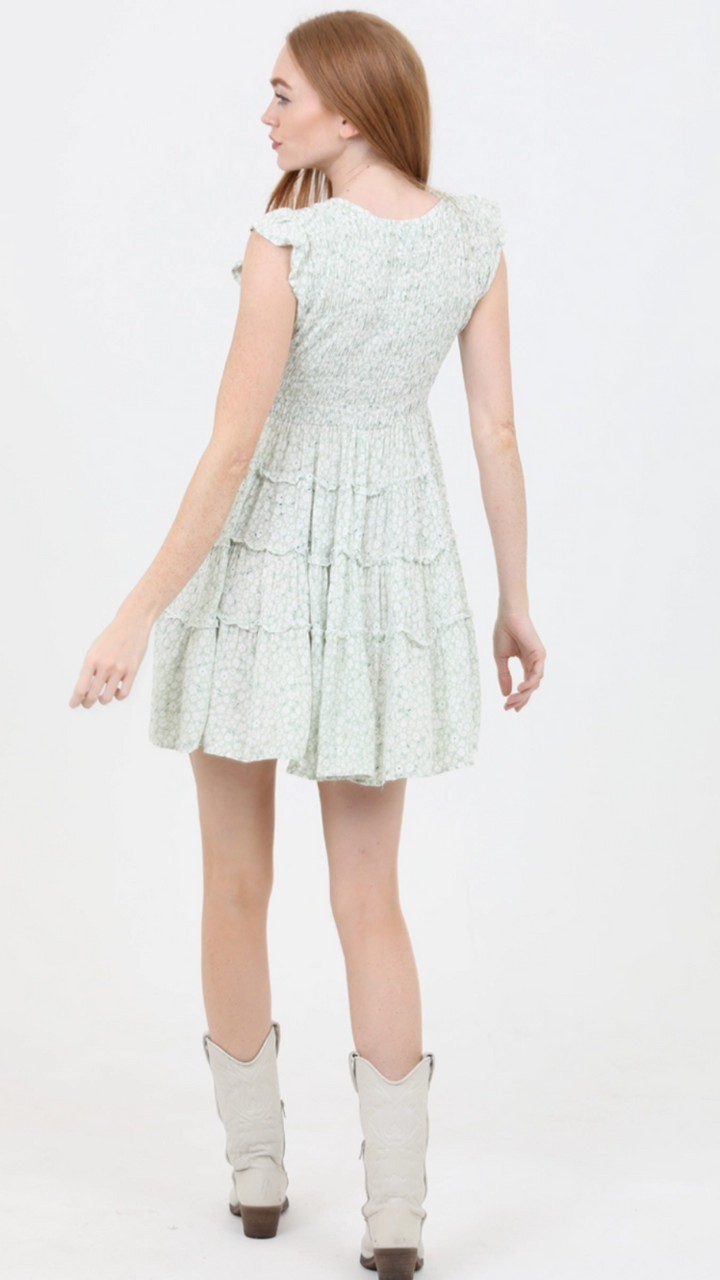 Sage Smocked V Neck Tiered Dress