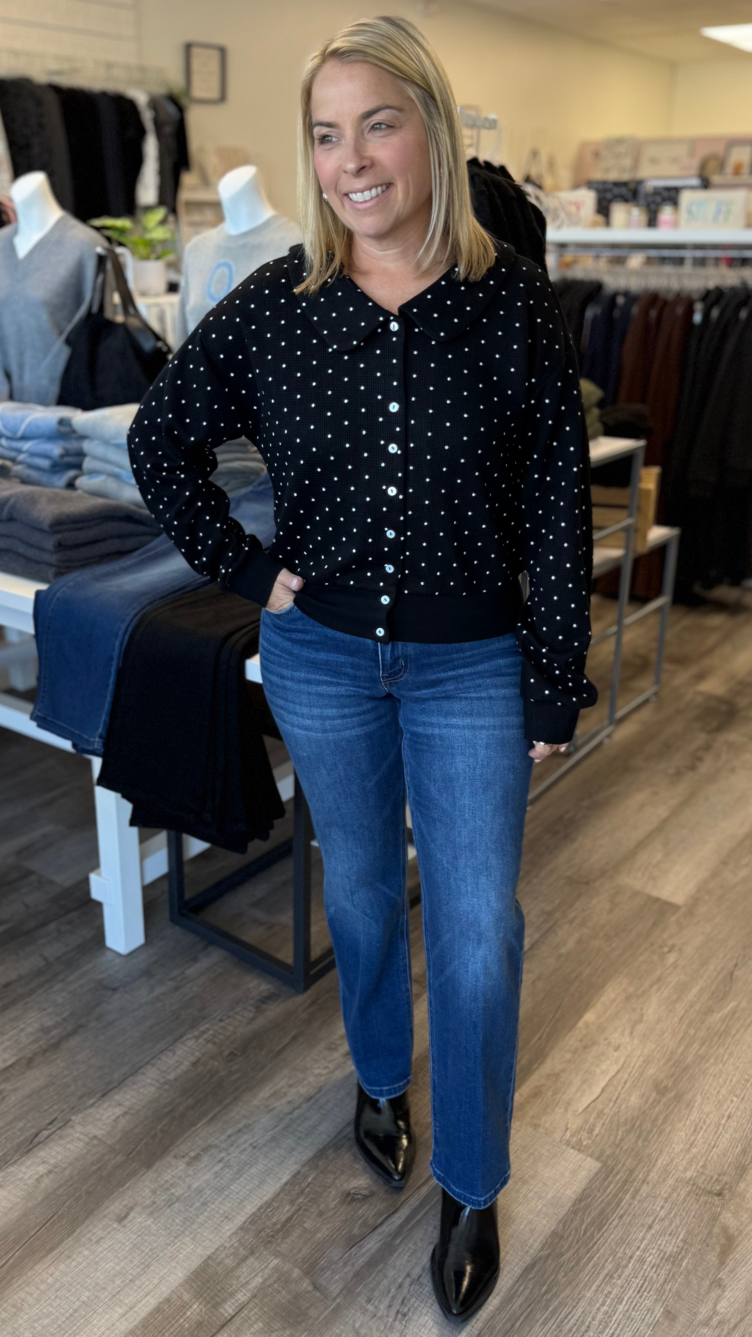 Black Waffle Knit Polka Dot Peter Pan Collar Cardigan