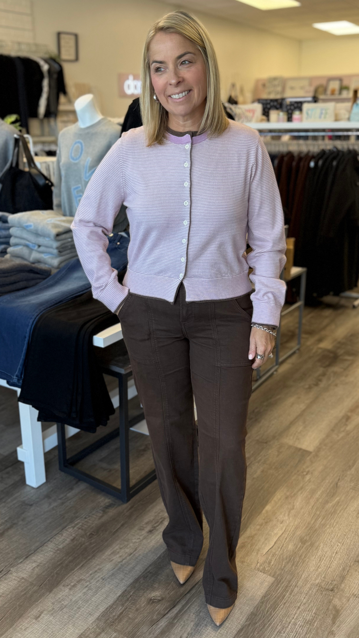 Pink And Brown Contrast Ribbing Cardigan