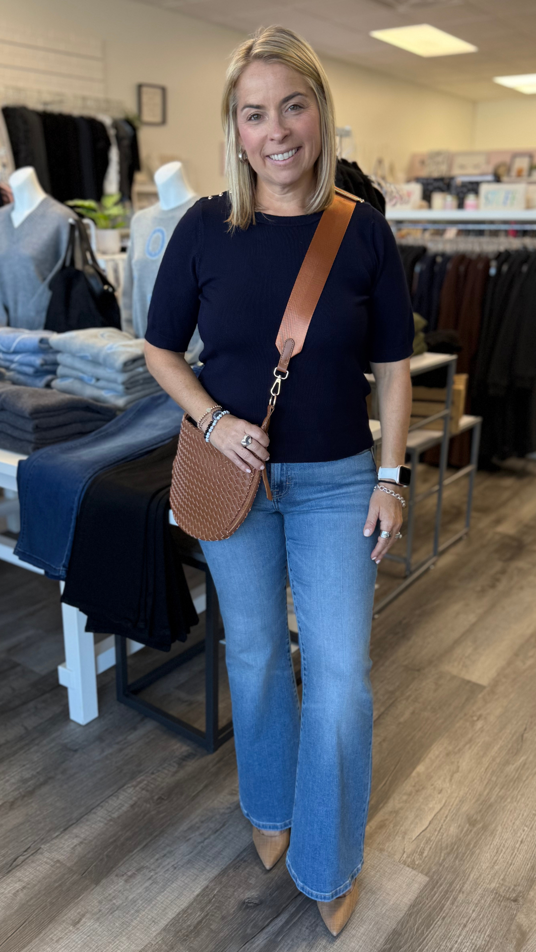 Navy Crewneck Short Sleeve Sweater With Gold Button Details