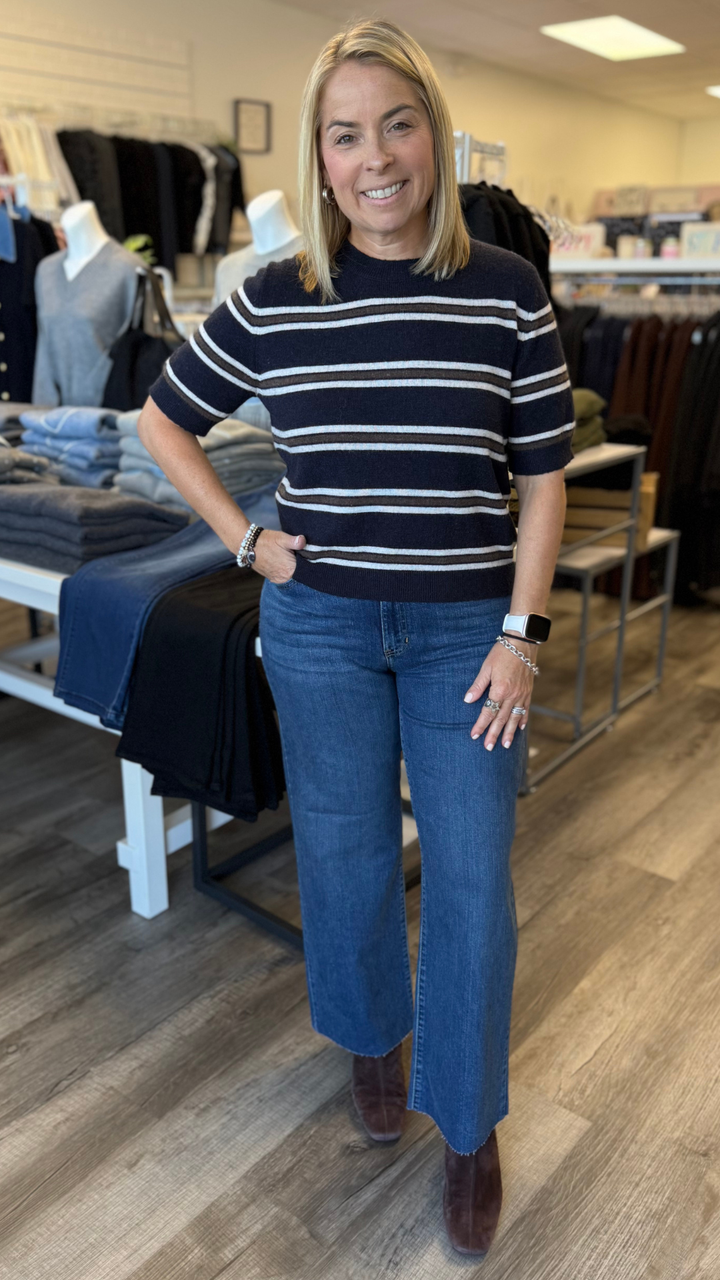 Navy Multi Stripe Short Sleeve Sweater