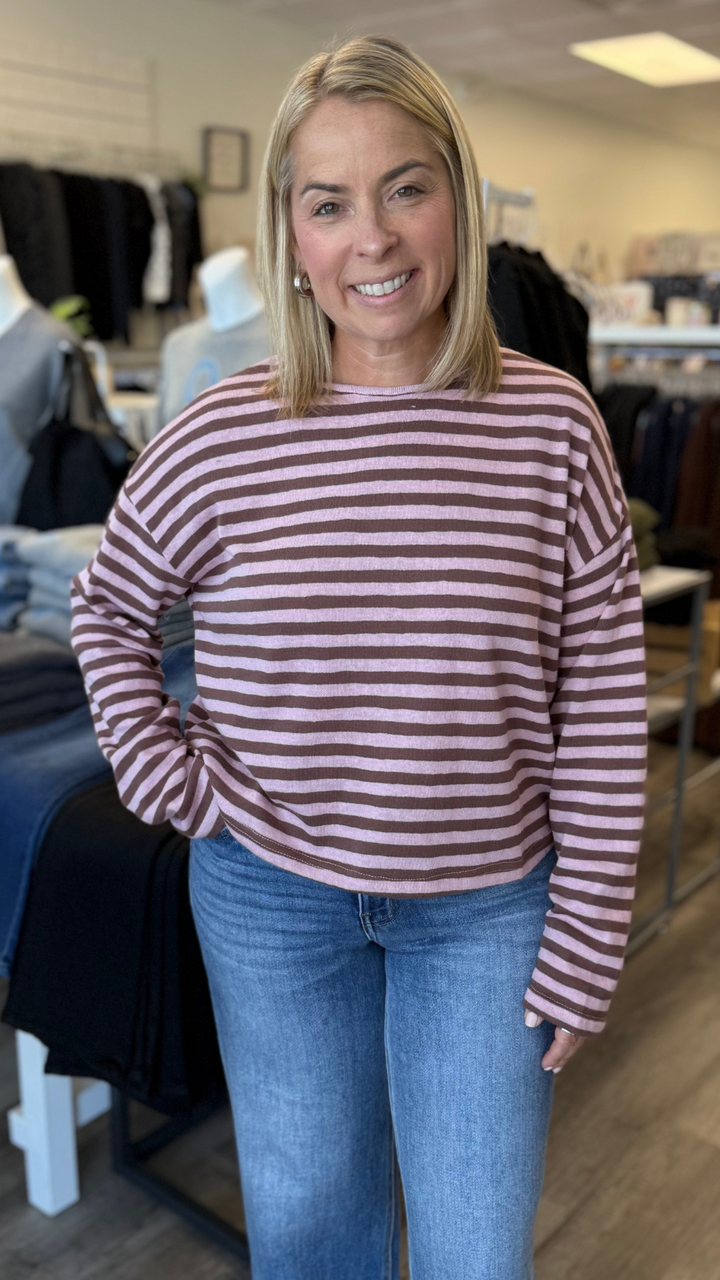 Pink And Brown Stripe Boat Neck Long Sleeve Top