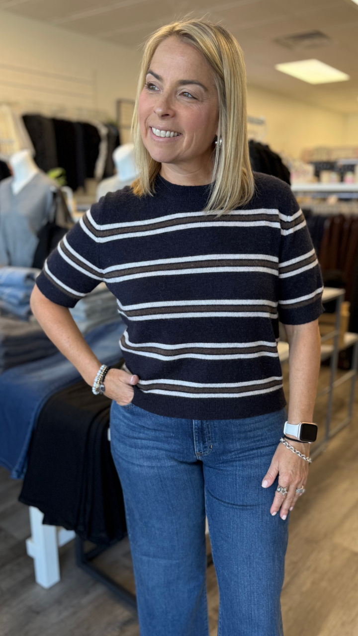 Navy Multi Stripe Short Sleeve Sweater