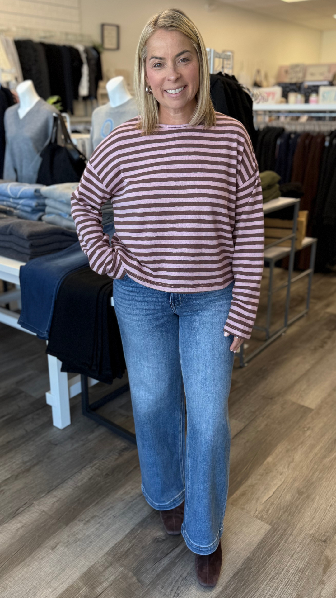 Pink And Brown Stripe Boat Neck Long Sleeve Top