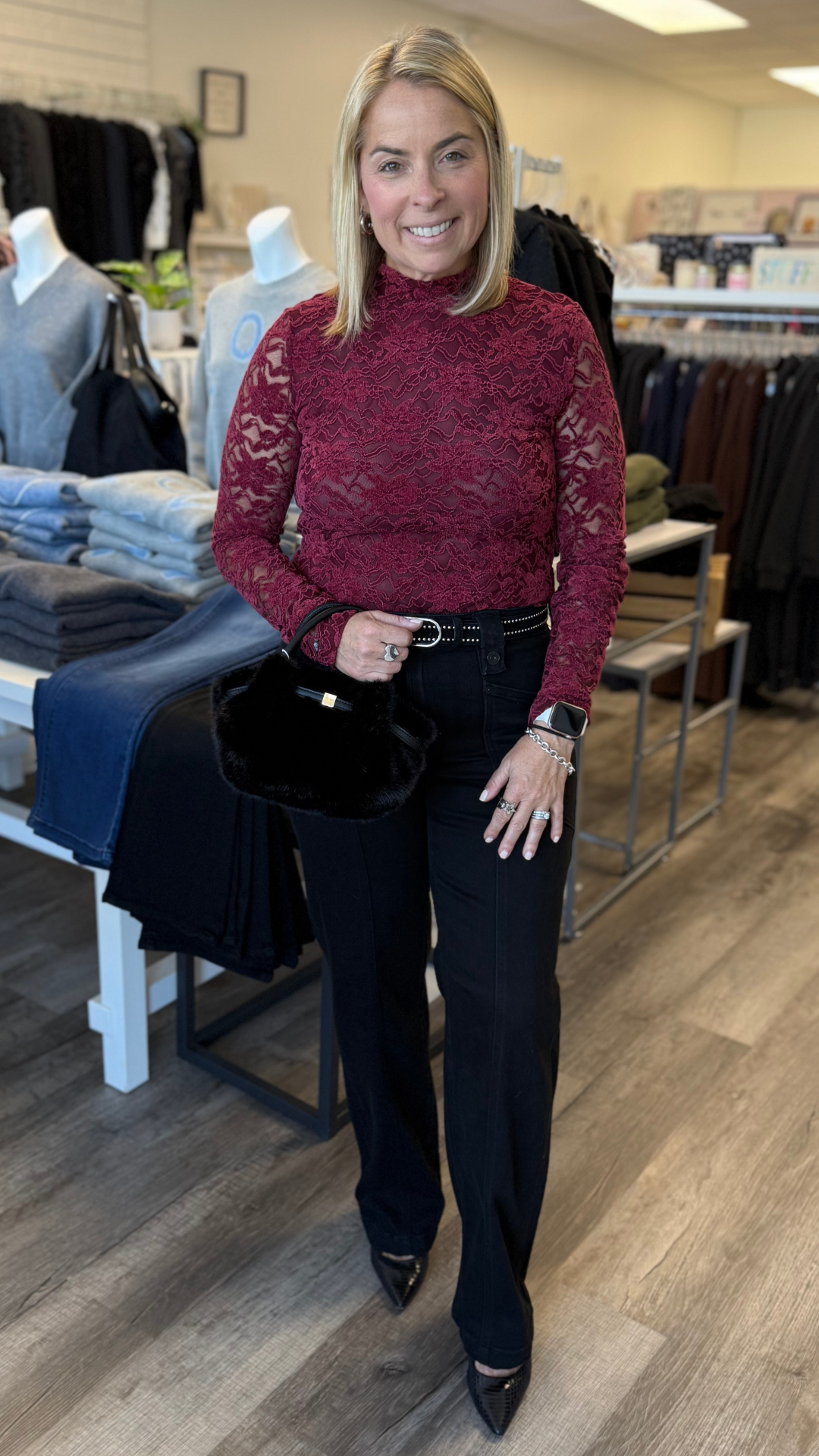 Merlot Lace Long Sleeve Mock Neck Top
