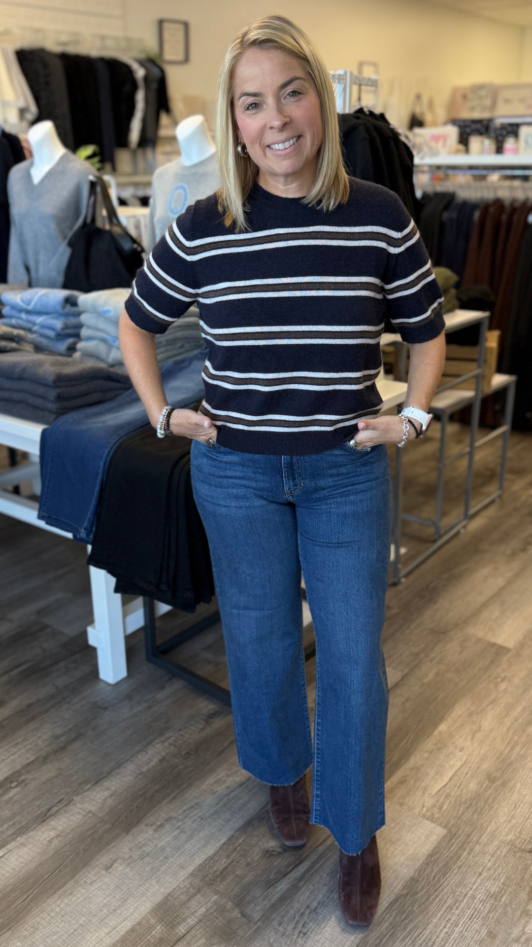 Navy Multi Stripe Short Sleeve Sweater