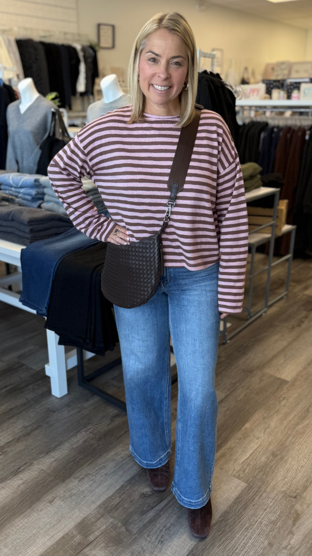 Pink And Brown Stripe Boat Neck Long Sleeve Top