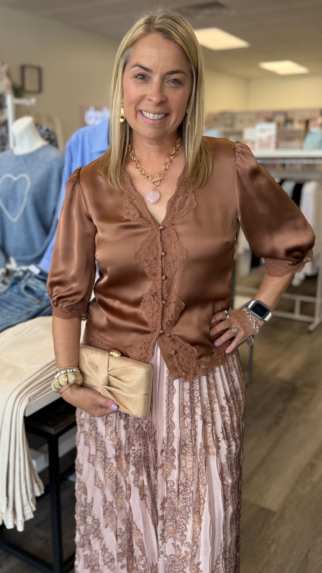 Mocha Mousse Floral Lace Blouse