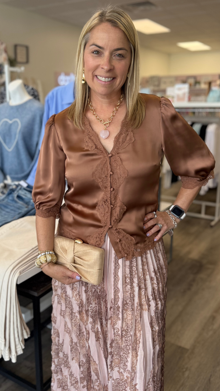 Mocha Mousse Floral Lace Blouse
