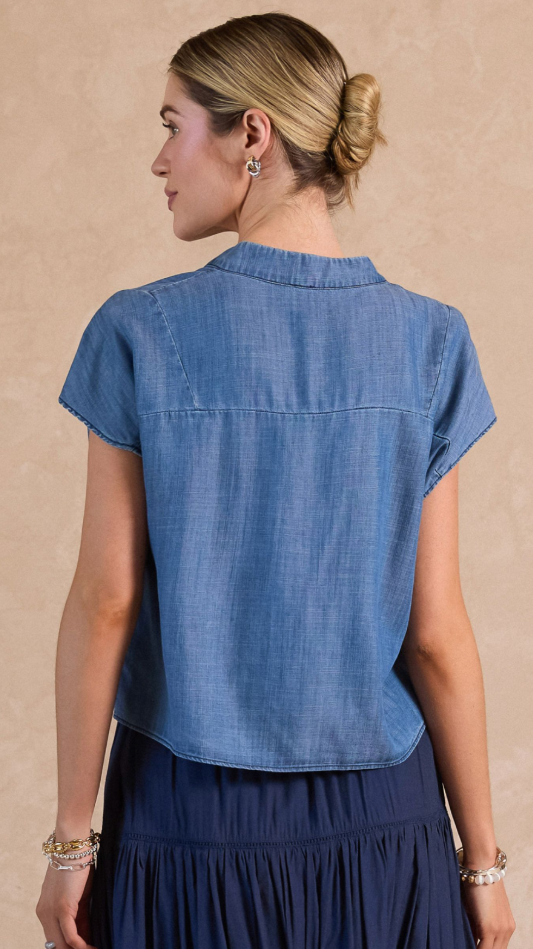Flutter Short Sleeve Chambray Top