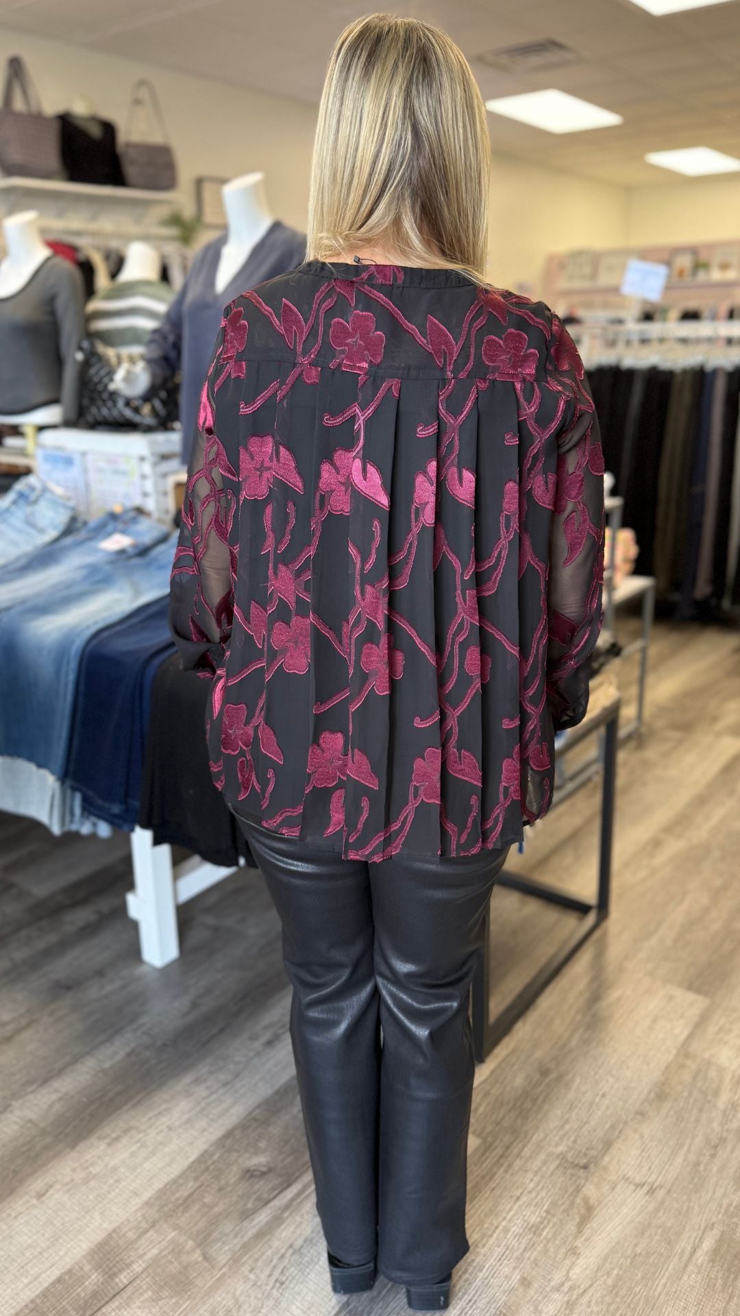 Floral Jacquard Blouse With Sheer Sleeves