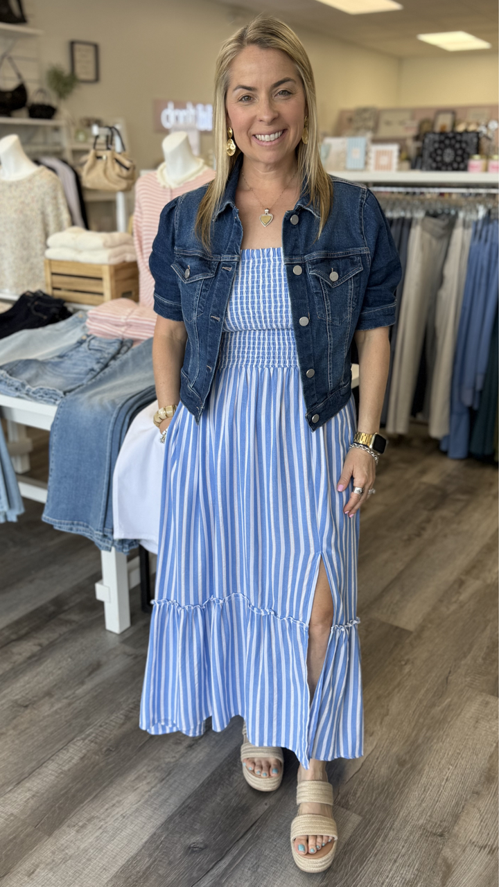 Striped Smocked Bodice Strapless Maxi Dress