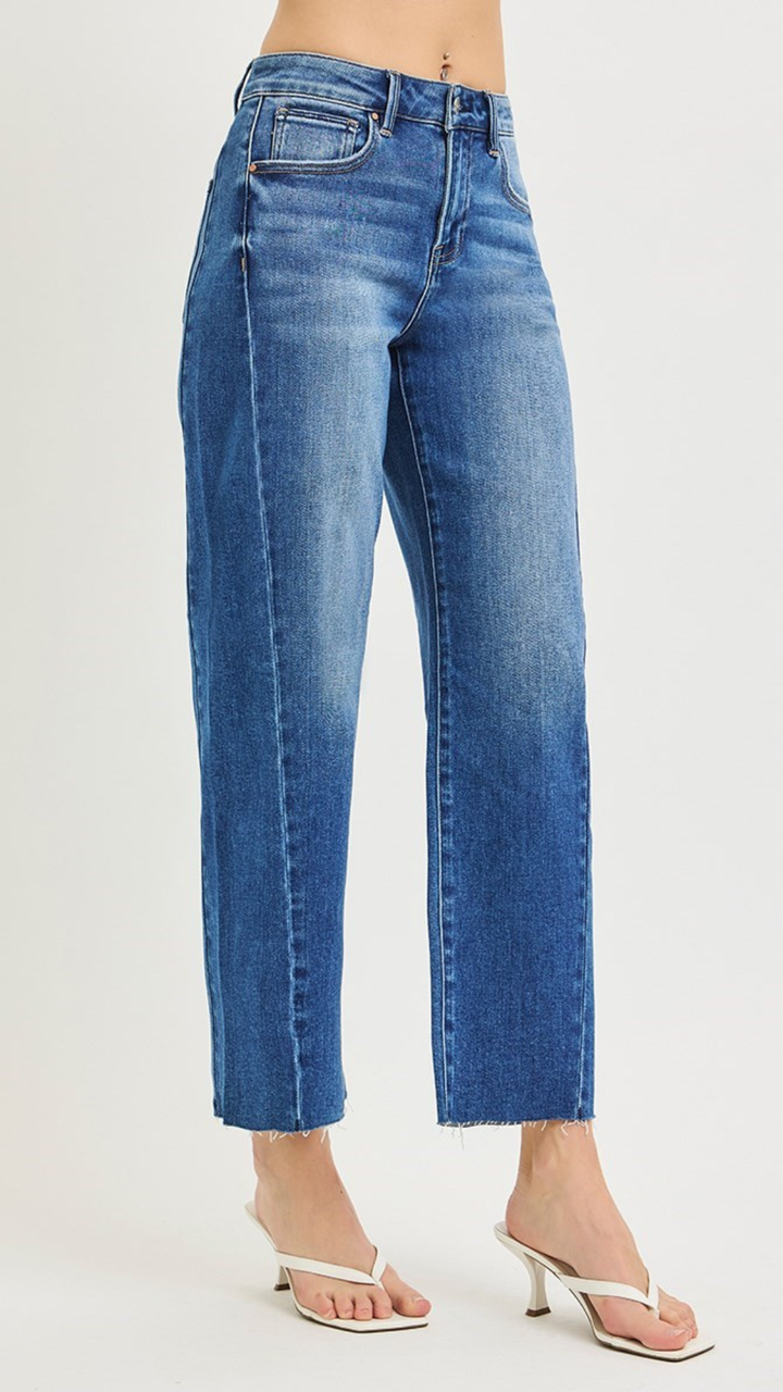 High Rise Dark Wash Crop Barrel Curved Seam Jeans