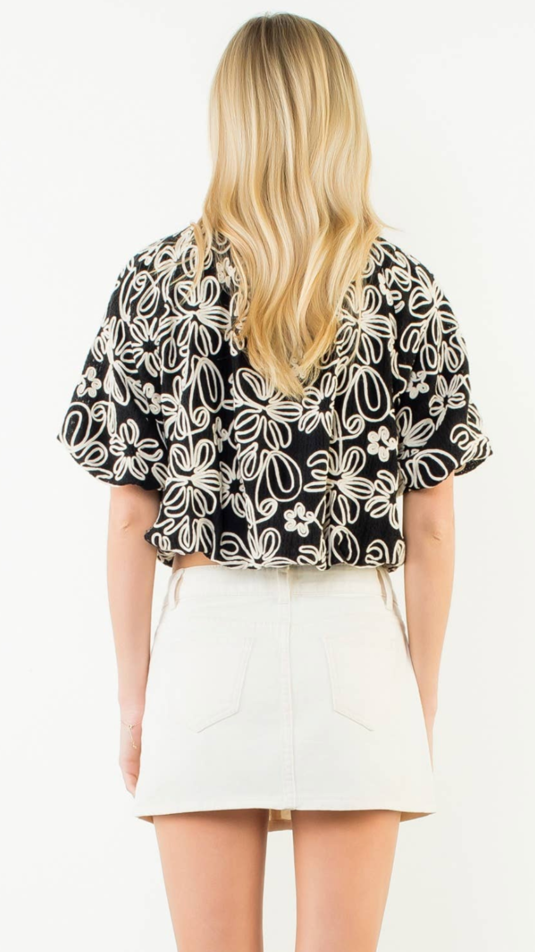 Black Puff Sleeve Floral Embroidery Detail Top