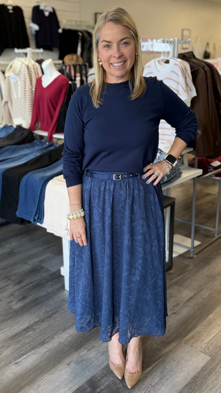 Floral Textured A Line Skirt With Belt