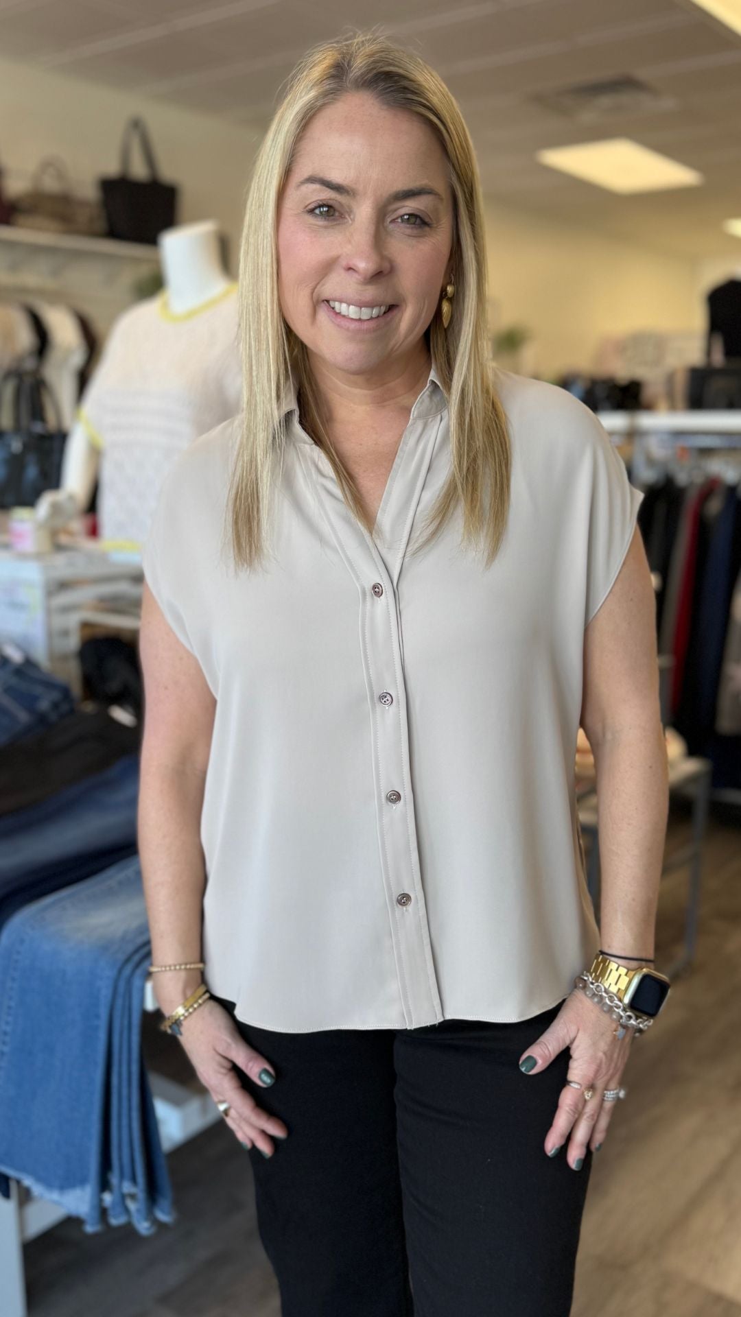 Taupe Cap Sleeve Buttoned Blouse