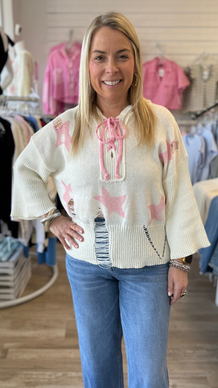Cream And Pink Star Sweater