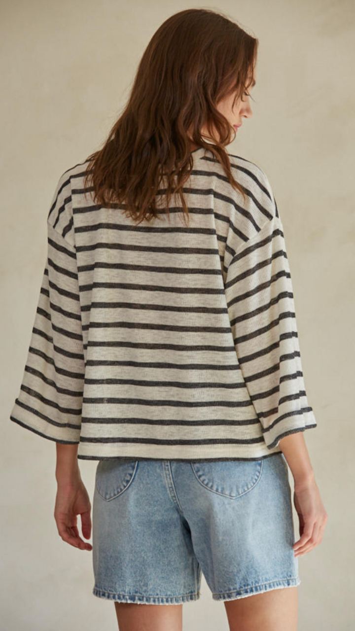 Striped Round Neck Quarter Sleeve Pullover Top