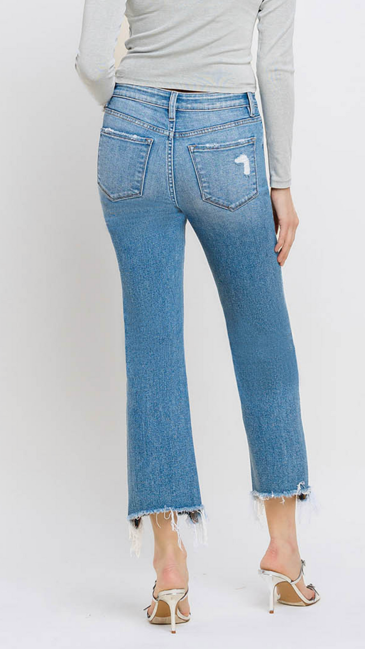 Mid Rise Frayed Hem Ankle Bootcut Jeans