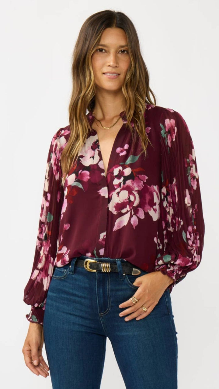 Pleated Sleeve Floral Button Blouse