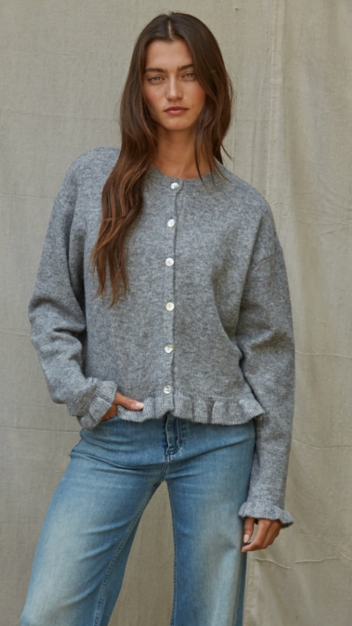 Heather Grey Ruffled Bottom Cardigan Sweater