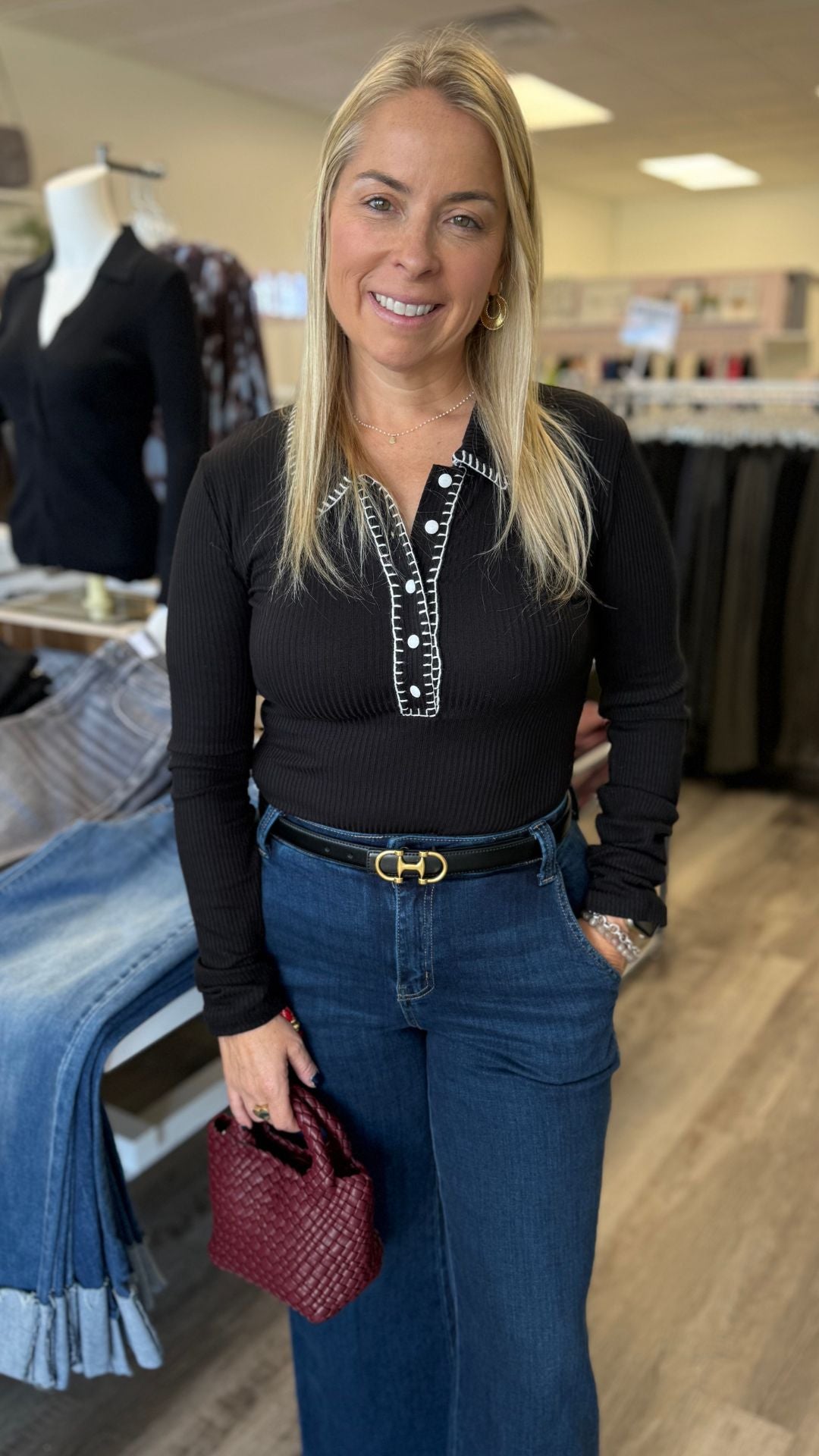 Contrast Stitch Collar Button Down Rib Long Sleeve