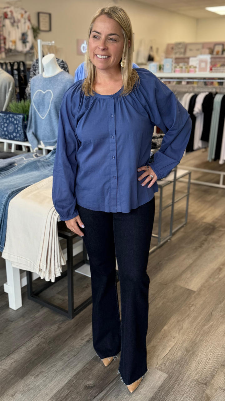 Navy Cotton Bubble Sleeve Blouse