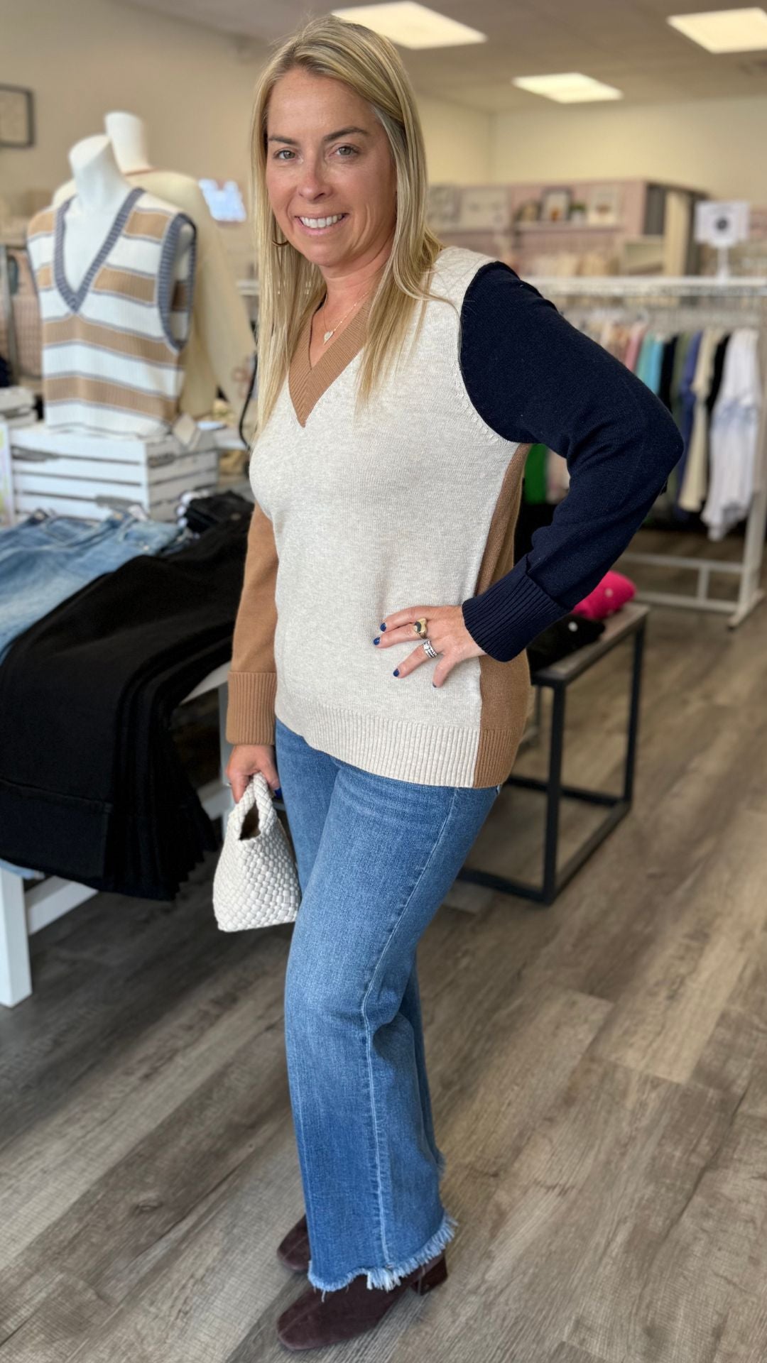 Truffle Colorblock V Neck Sweater