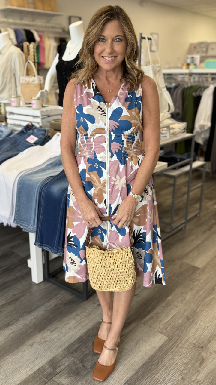 Floral Cotton Voile Printed Front Zip Knee Length Dress
