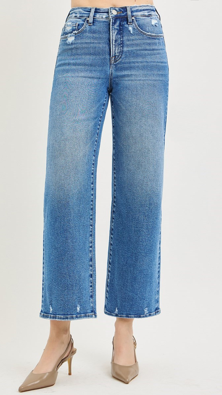 High Rise Medium Wash Tummy Control Crop Wide Leg Jeans