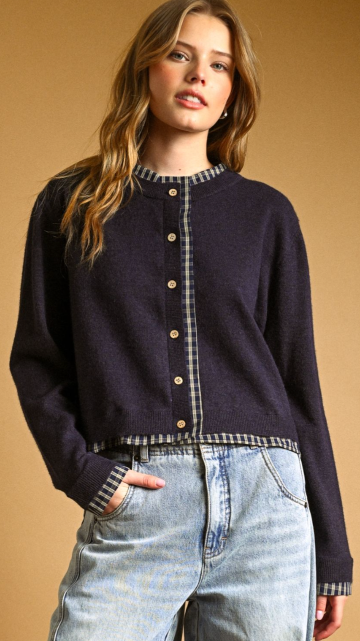 Plaid Contrasted Button Front Cardigan