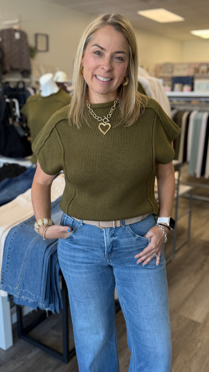Olive Crew Neck Cap Sleeve Sleeveless Sweater