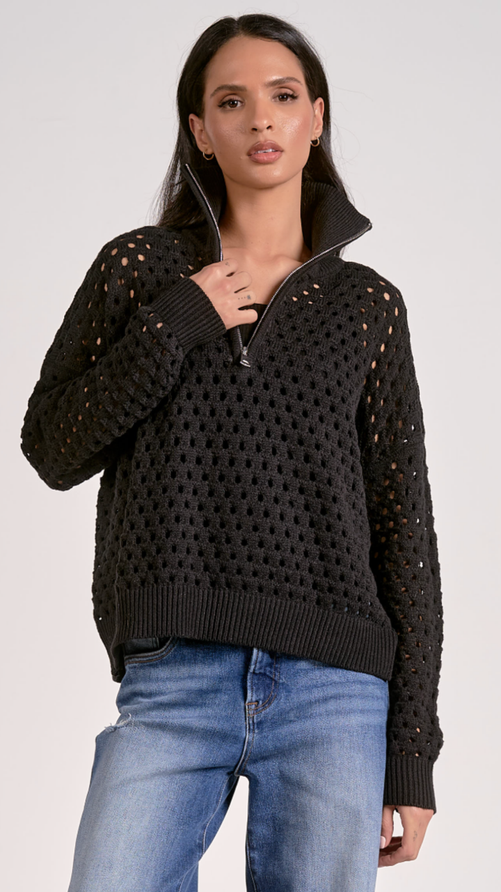 Black Half Zip Open Knit Sweater