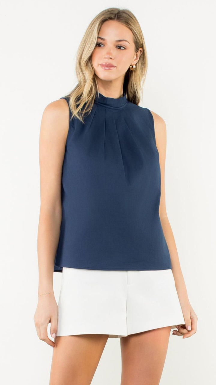Pleated Mock Neck Linen Sleeveless Top