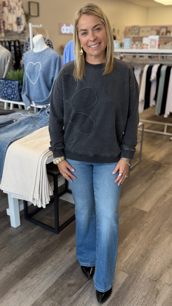 Charcoal Flower Appliqué Long Sleeve Top