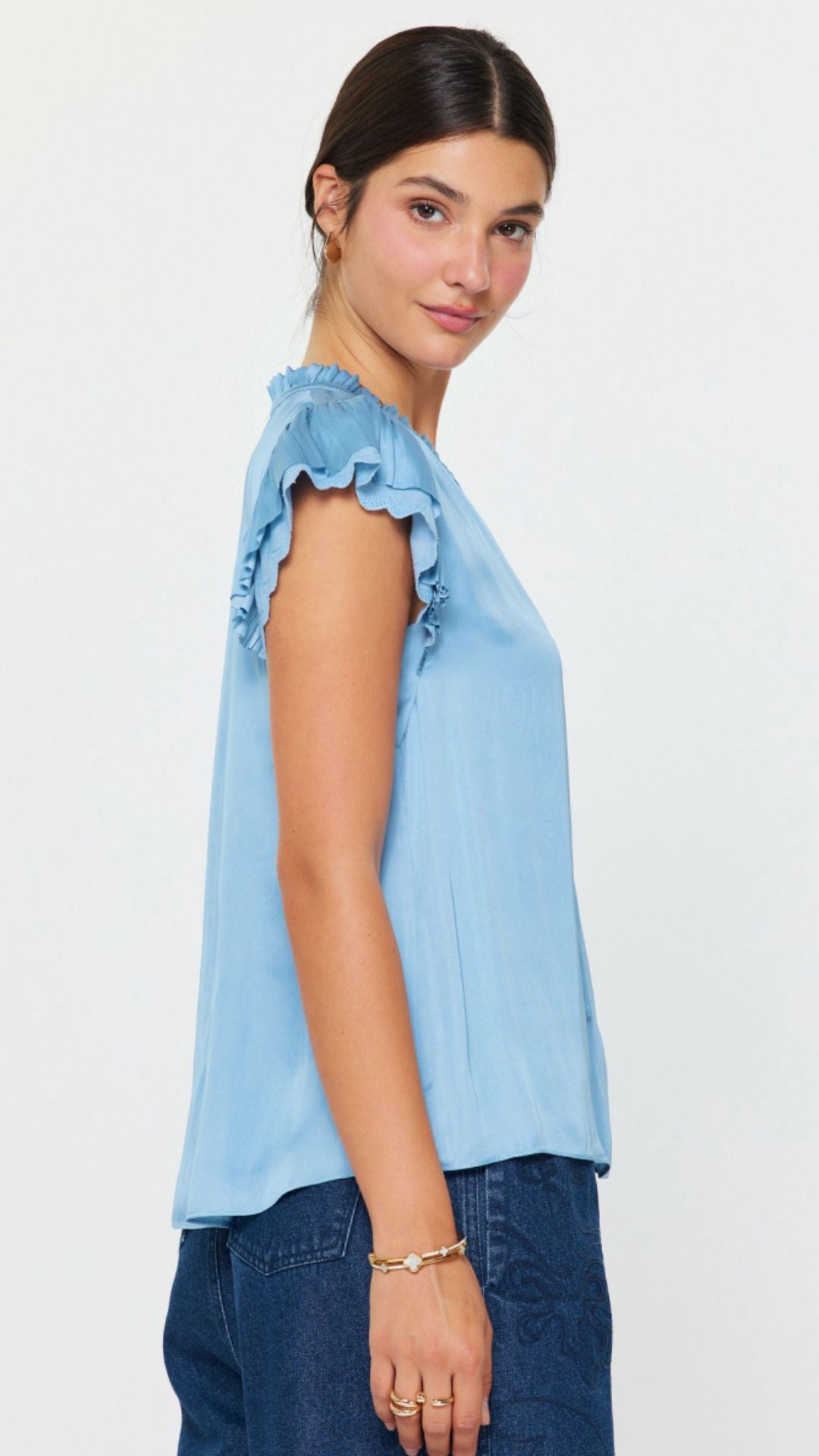 Blue Double Flutter Eyelet Edge Blouse