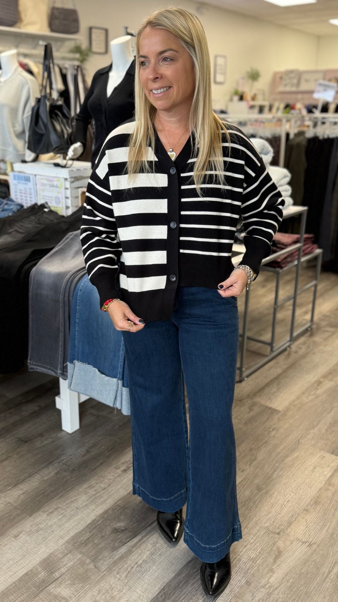 Contrast Striped Sweater Uneven Bottom Cardigan