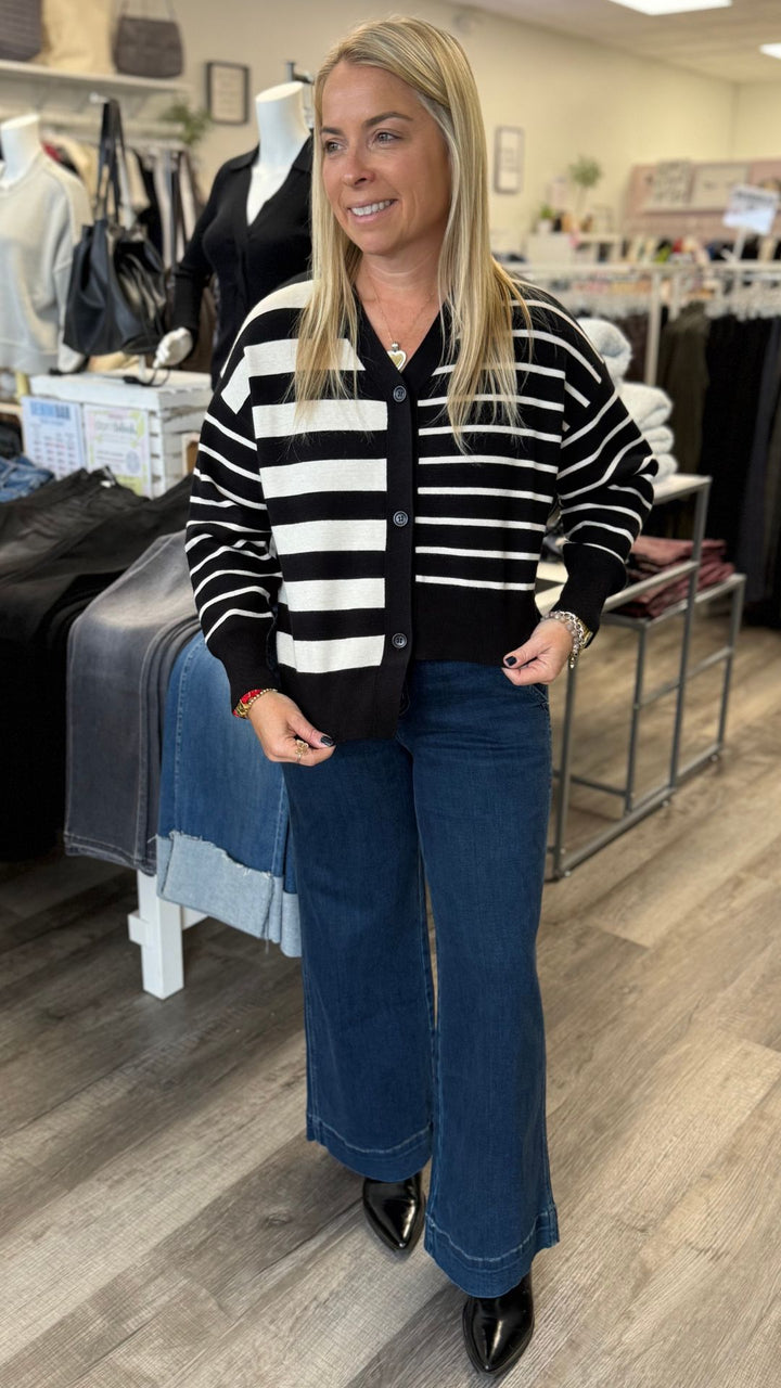 Contrast Striped Sweater Uneven Bottom Cardigan