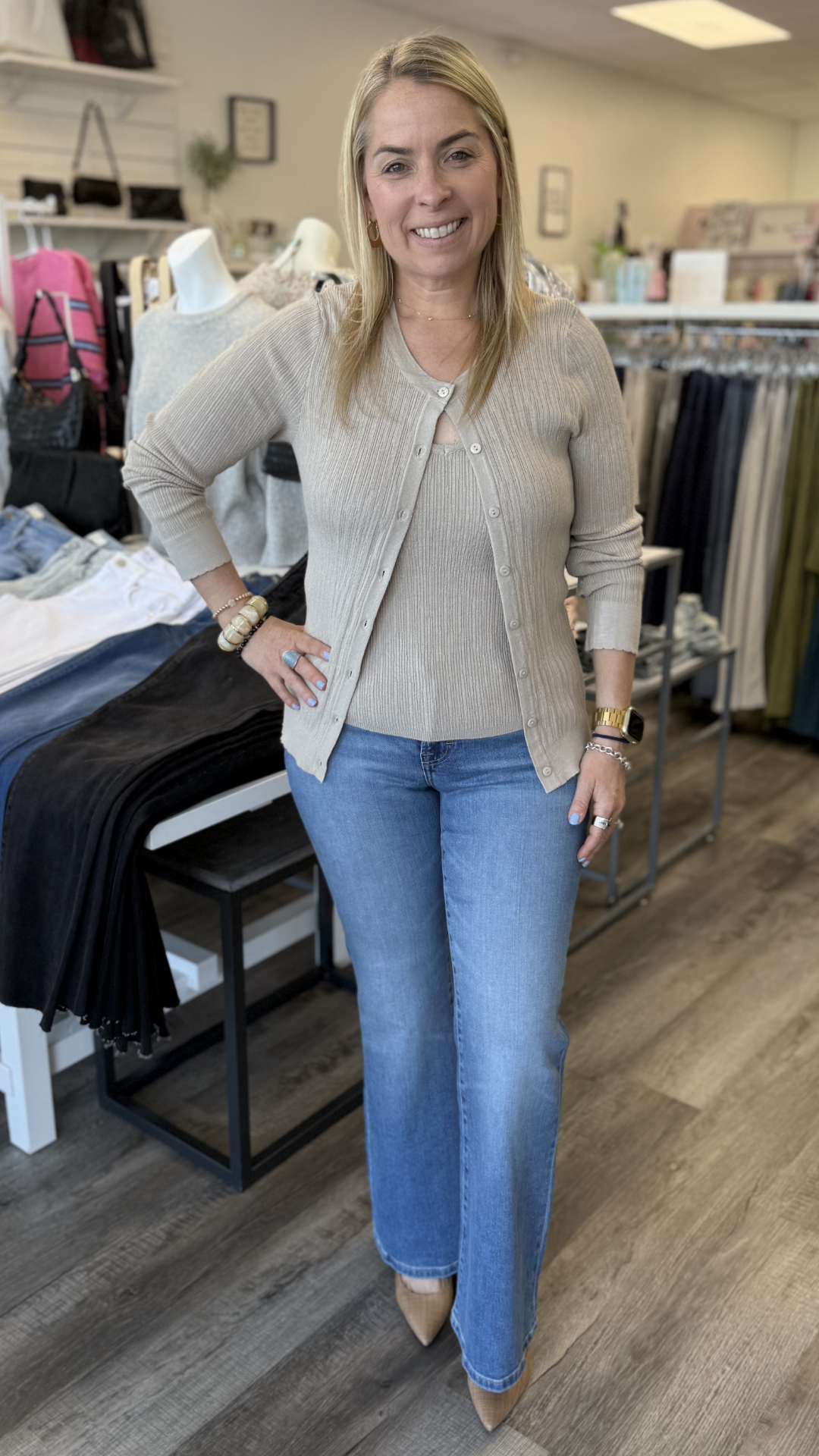Taupe Ribbed Cardigan With Tank Set