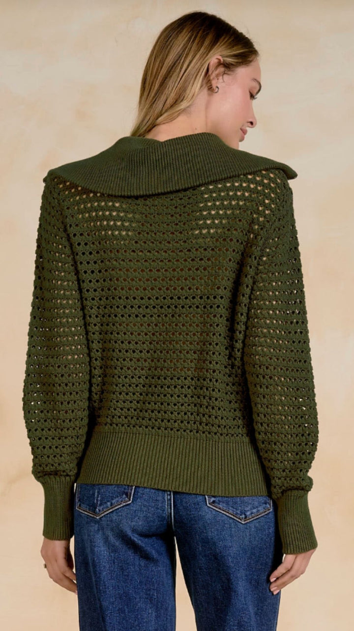 Olive Open Knit Zip Up Cardigan